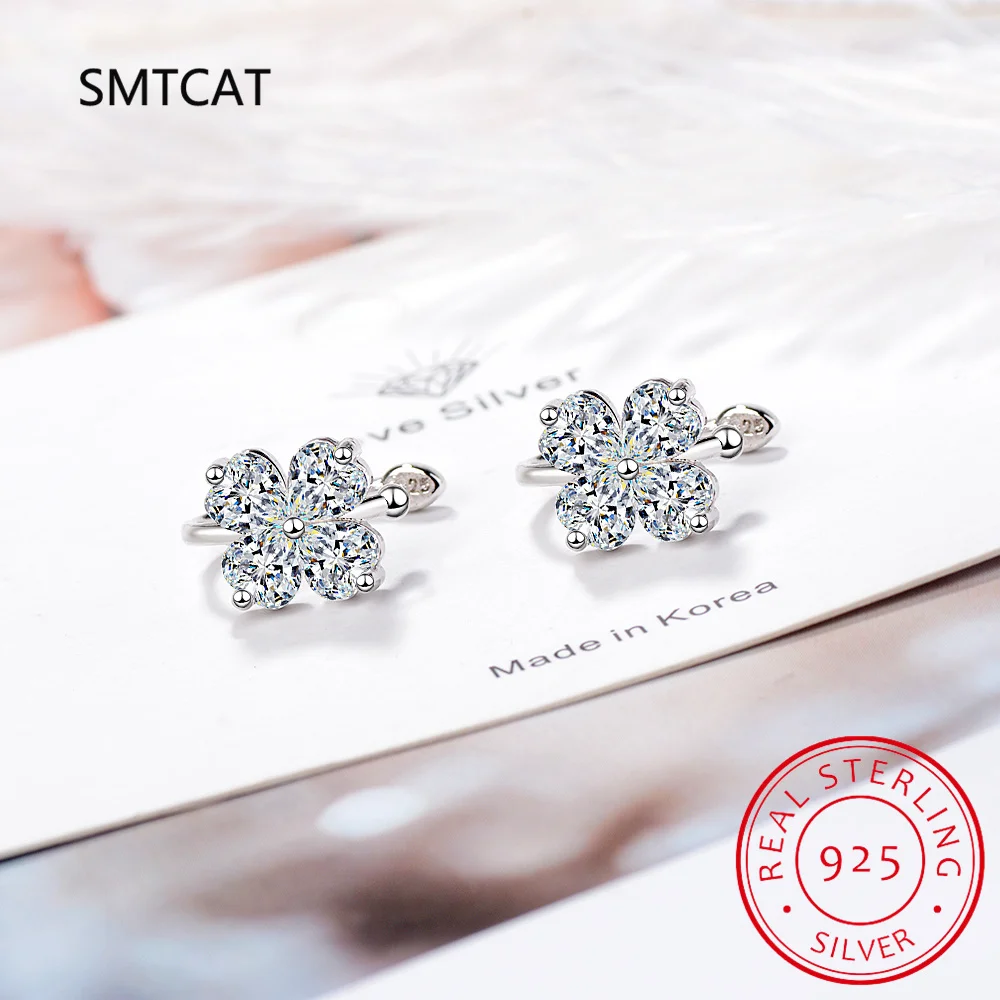 925 Sterling Silver Created Moissanite Gemstone Diamond Four Leaf Clover Ear Cuff Clip Earring Wedding Fine Jewelry Wholesale