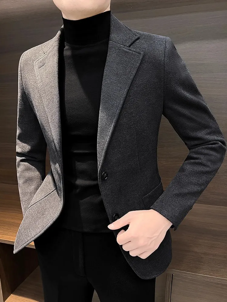 

Thiened Woolen Men's Casual Suit Jaet Spring Autumn Busin Casual Sle Long Sve Pure Color Slim Fit Youth Faion