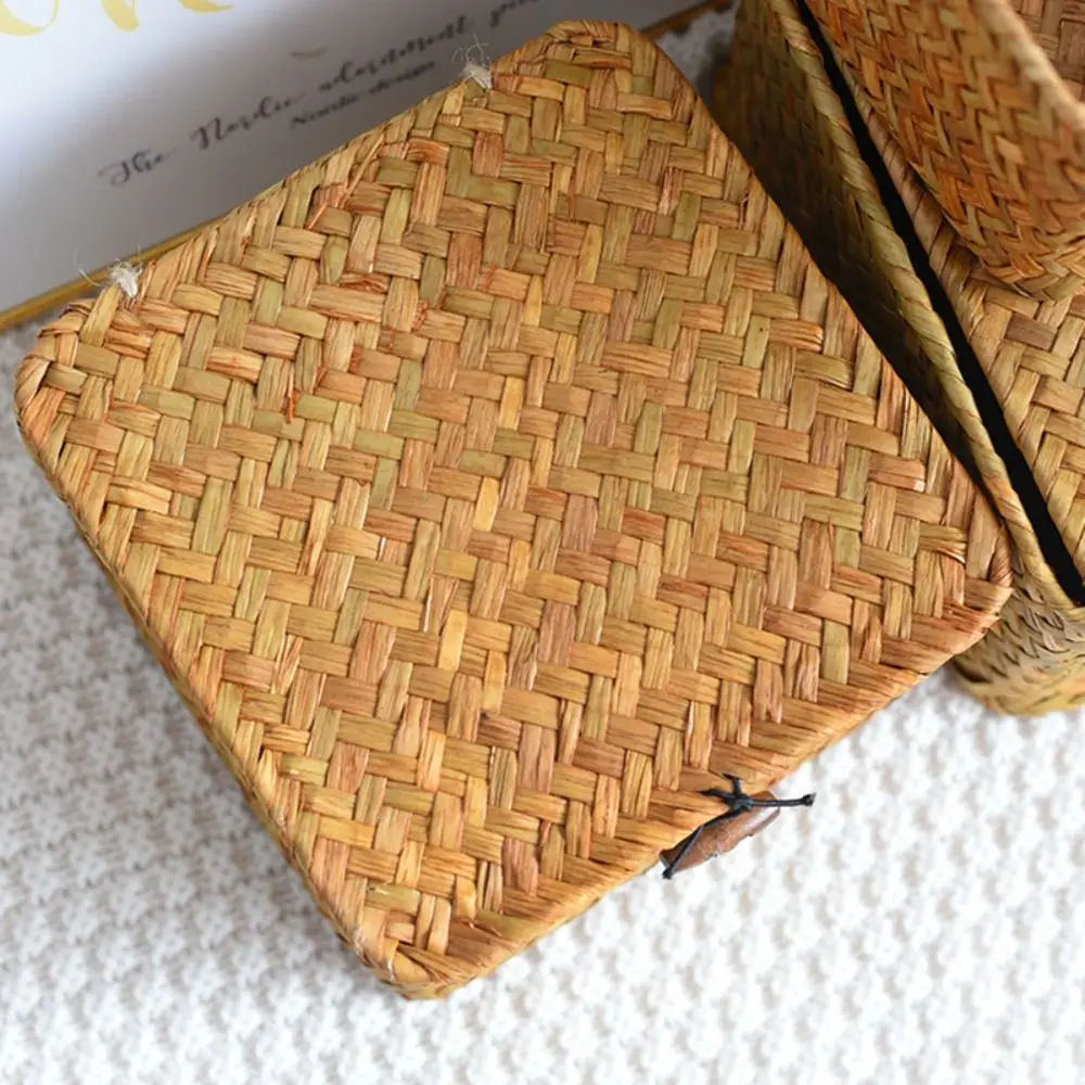 

Hot Sale Lid Wicker Shelf Baskets Rattan Weaving Rectangular Storage Box with Lid Handwoven Home Organizer Bedroom