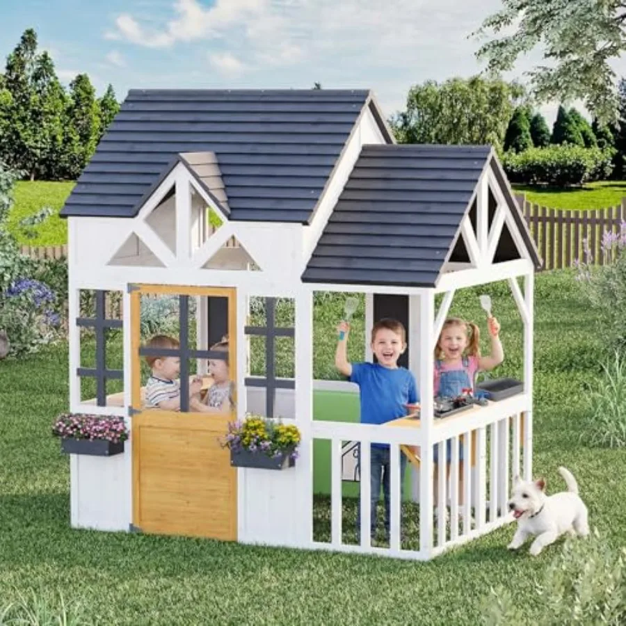 Outdoor Wooden Play House For Kids 0.56 Years: Black-And-White Finish, Elevated Roof, Kitchen Toys, Blackboard, Magnetic Door,