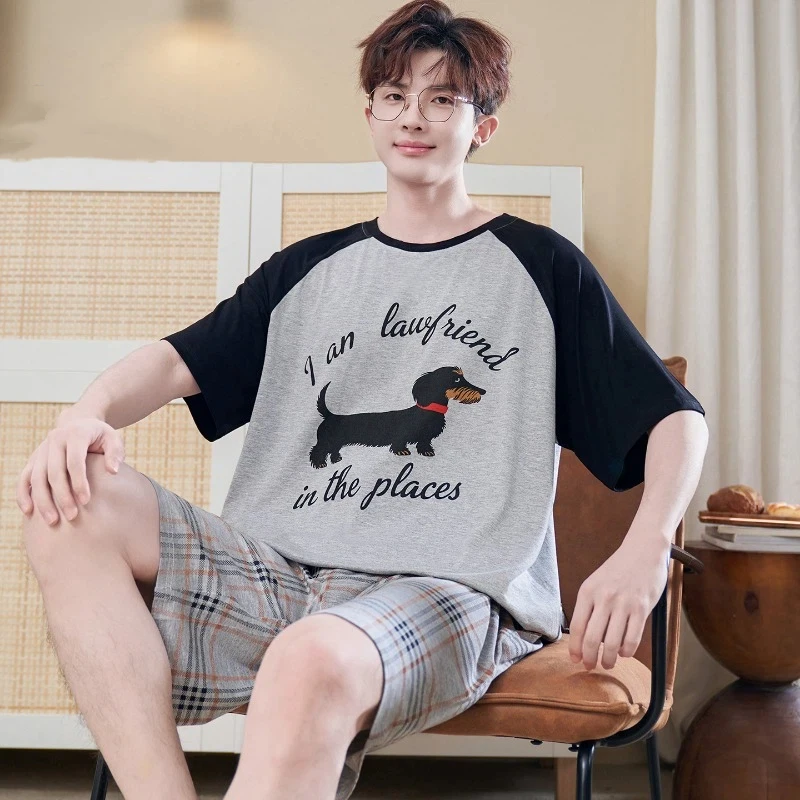 

Мужской пижамный комплект больших размеров с принтом таксы, повседневный винтажный комплект для сна с мультяшным рисунком, пижама с коротким рукавом и круглым вырезом, летний вариант