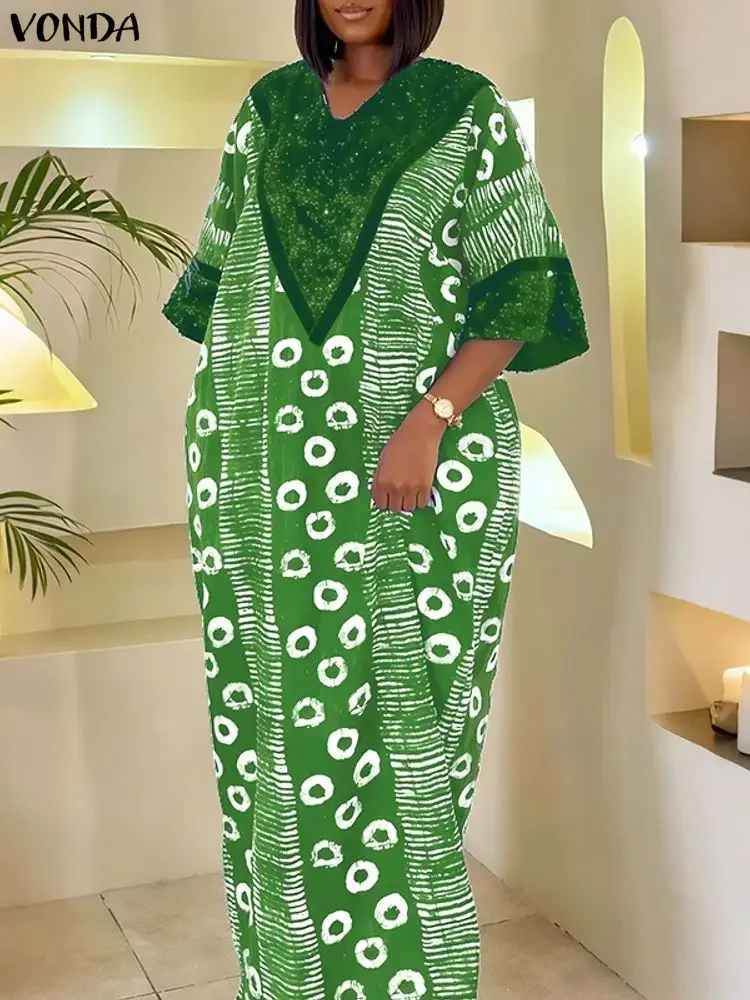 فوندا المرأة حجم كبير البوهيمي فستان طويل الترتر المرقعة ماكسي فيستدوس الخامس الرقبة الطباعة عادية خمر الخريف فضفاض رداء الحفلات