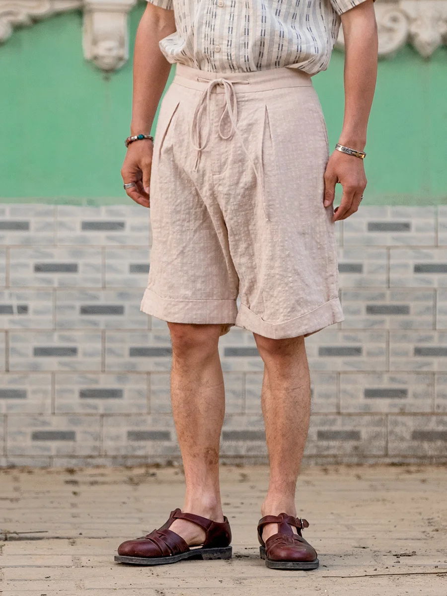 

Italian Gentleman Bubble Cloth Shorts Men's Thin Rope Business Casual Loose Five-Quarter Pants Cotton Color Elastic Waist