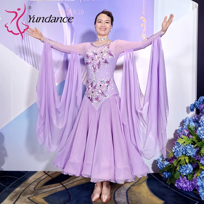 B-25122 International Standard Ballroom Dance Costume Women Stage Performance Wear Purple Spandex Chiffon Dress Rhinestones