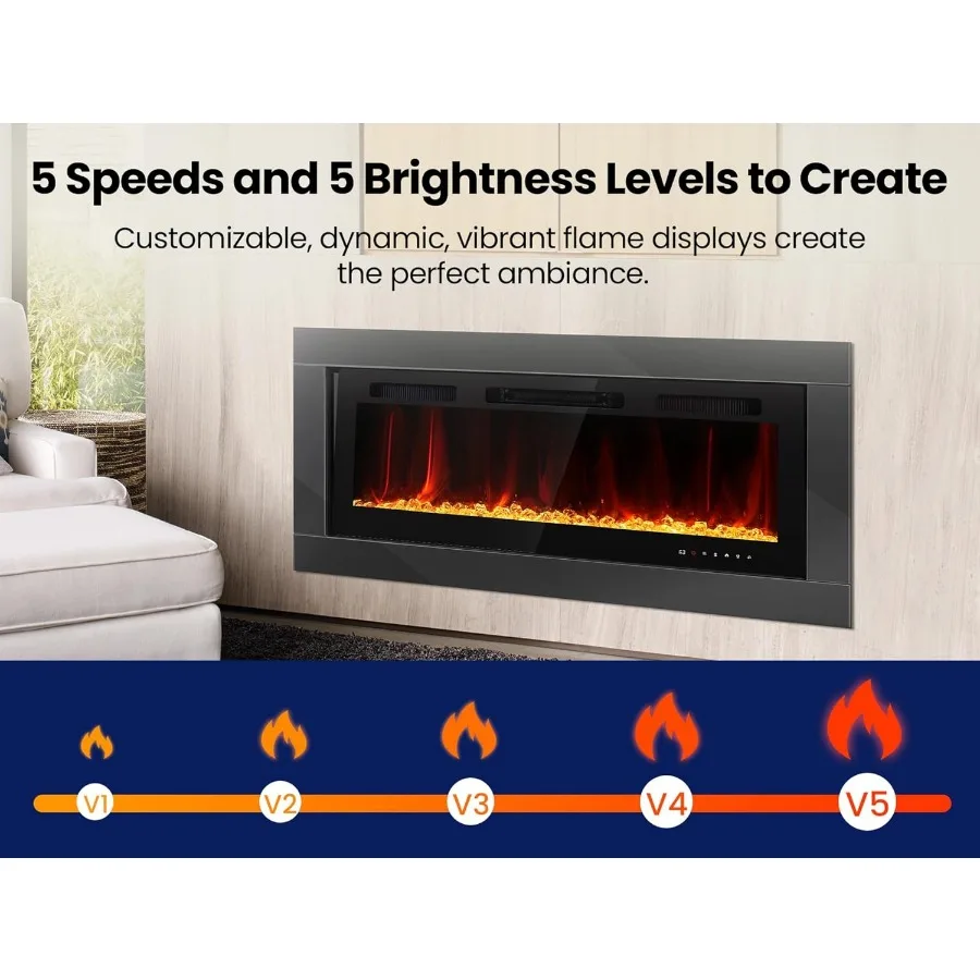 Electric Fireplace Wall Mounted 50 Inch Insert Fireplaces 750/1500W Recessed Heaters with Remote Control Touch Screen Timer Adj