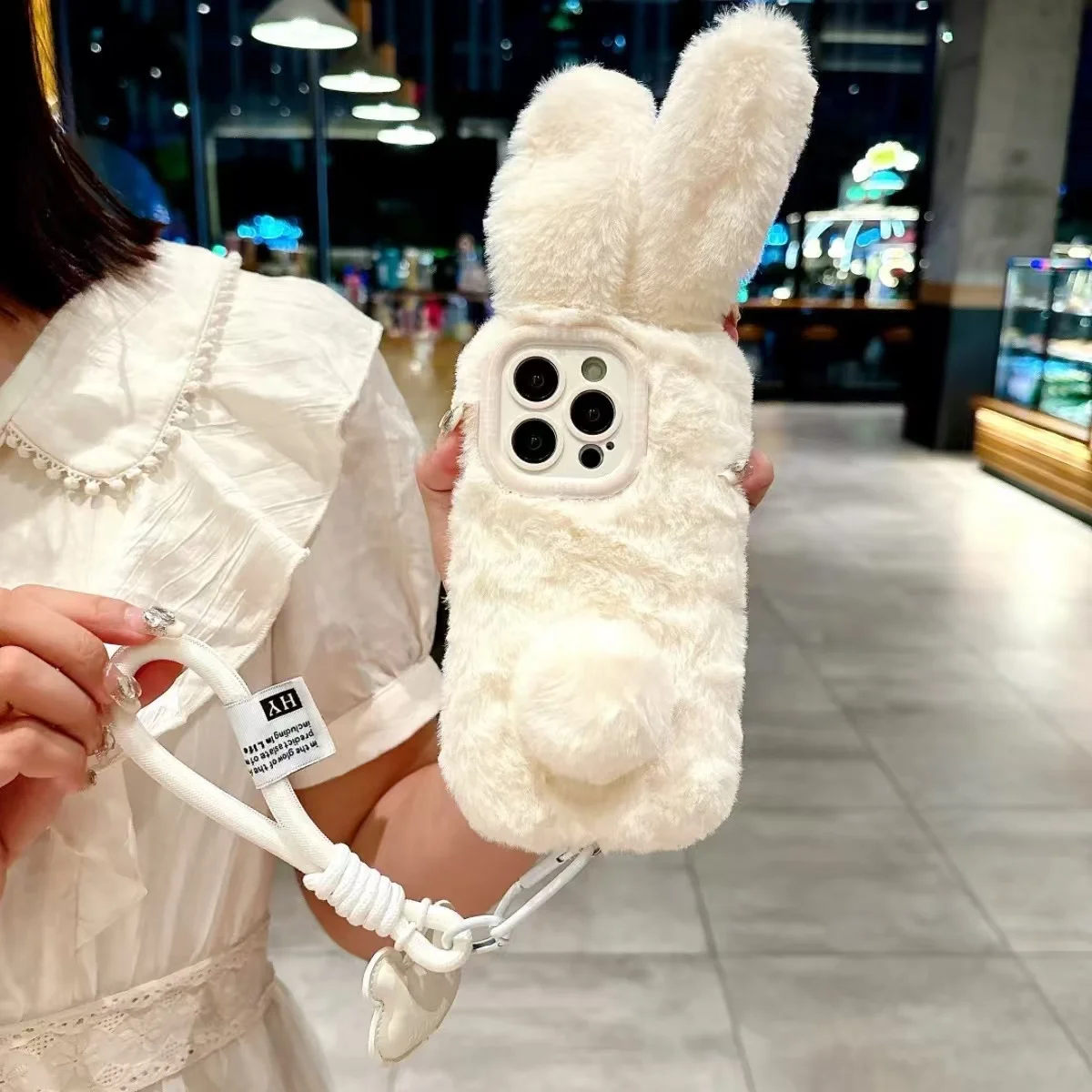 For IPhone 16 15 14 13 12 Pro Max Pink Long Ears Rabbit Plush Phone Case Fall Winter Cute Warm Phone Protective Jacket