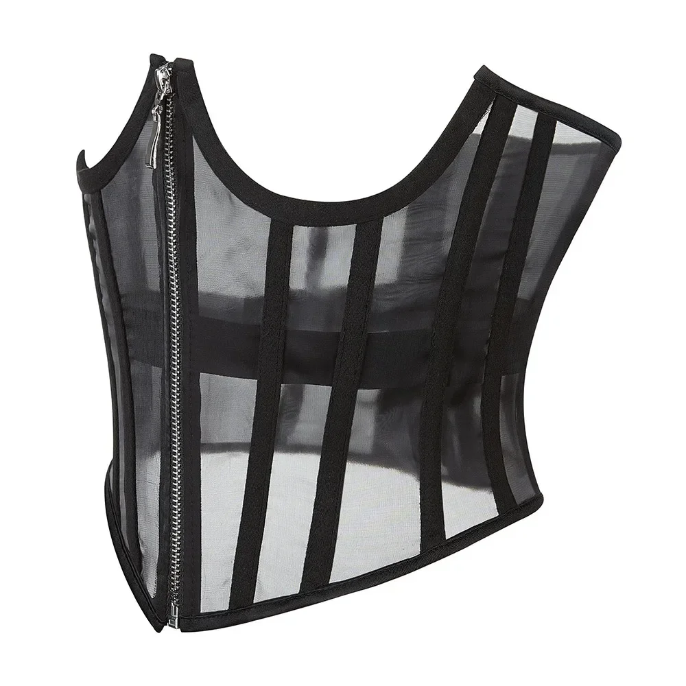Sexy Black Mesh Women Waist Trainer Corset Goth Vintage Bustiers Slim Body Belts Streetwear See Through Corsets