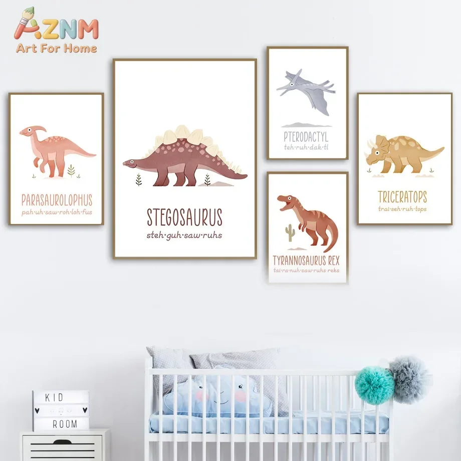 AZNM Cute Watercolor Dinosaur Canvas Wall Art Prints, Kids Educational Dinosaur Names Pronunciation Poster for Nursery Decor
