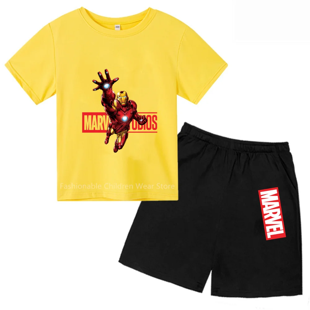 Camiseta y pantalones cortos con estampado de dibujos animados de Los Vengadores de Marvel, edición Q, Iron Man, elegantes y geniales para exteriores de verano