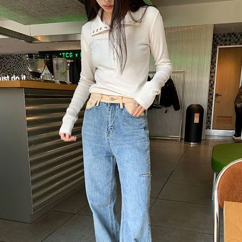 Y2K High Street Women Sweaters 2024 New Gray White Button Up Bottoming Pullover Woman Slim Fit Long Sleeve Knitted T-Shirt