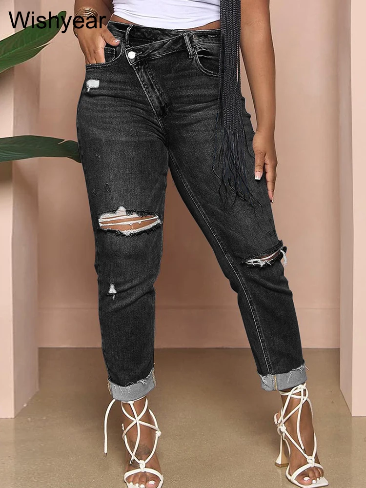 Slanting Button Skinny Jeans Washing Ripped Denim Hole Pencil Pants Slim Pockets High Street Blue Strech Trousers Women Bottoms