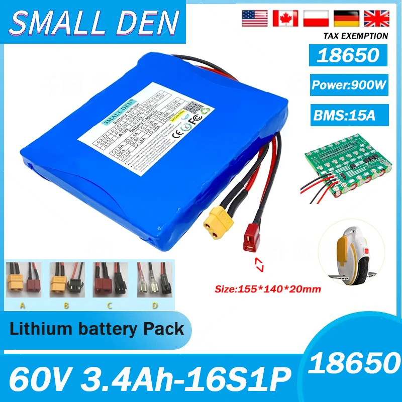 60V 3.4Ah 16S1P battery pack NCR 18650B 3400mAh power rechargeable battery with BMS for self-balancing scooter electric unicycle