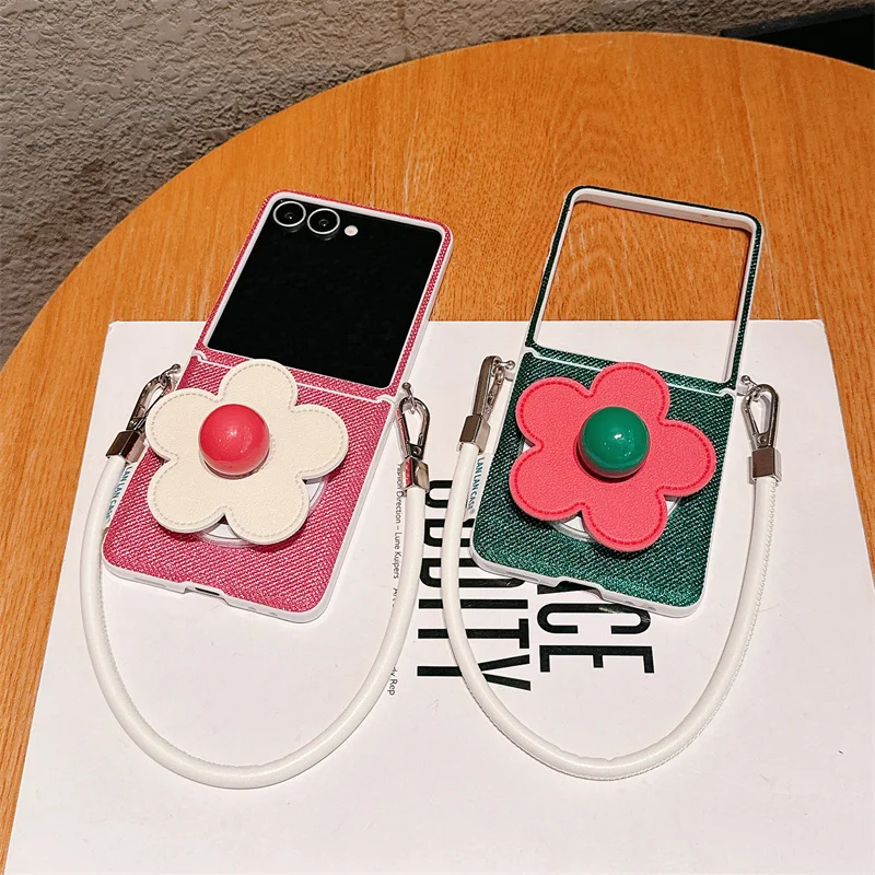 

Fashion Leather Magnetic Phone Case For Samsung Galaxy Z Flip 7 6 5 ZFlip7 ZFlip6 Cover with Flower Stand For Magsafe Cute Cases