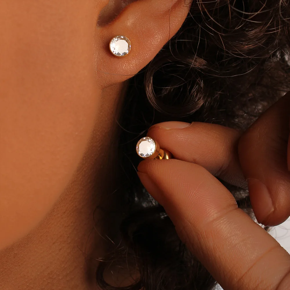 DIY accessories  hot-selling fashion light luxury round small stud earrings high-grade zircon stainless steel plated 18K gold ea