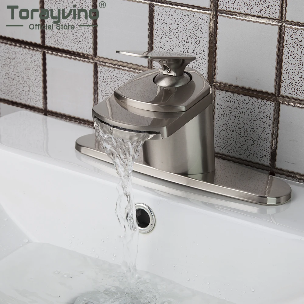 

Torayvino Solid Brass Nickel Brushed Waterfall Bathroom Sink Basin Single Handle Faucet Mixer Tap Deck Mount With Cover Plate