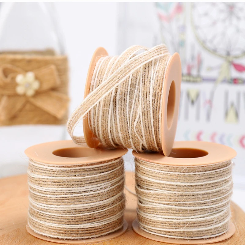 10M/Roll Jute Burlap Rolls Hessian Ribbon With Lace For DIY Crafts Wedding Decorations Ribbons Christmas Gifts Package Wrapping