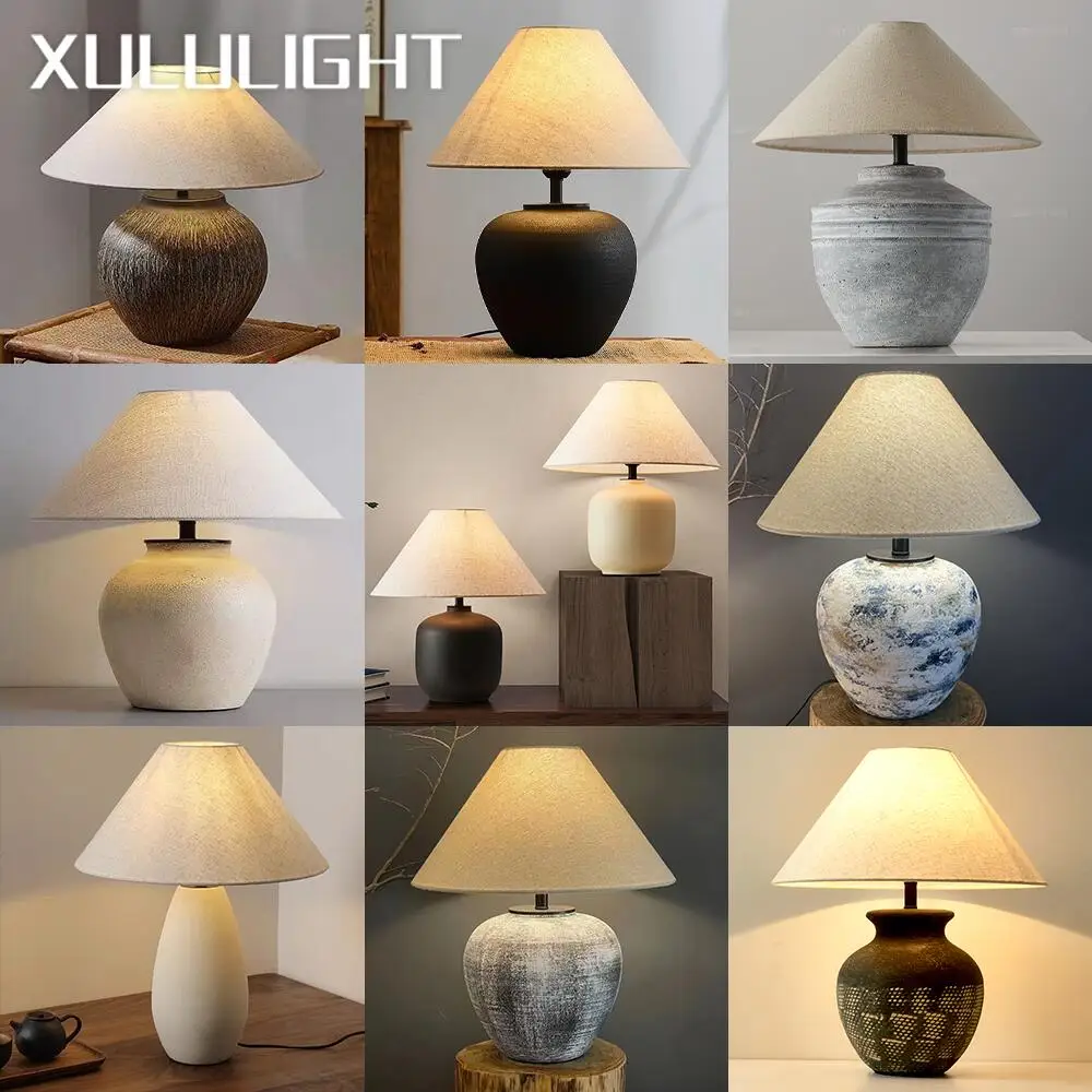 Wabi-sabi Ceramic Table Lamp Bedside Desk Lamp Decoration For Bedroom Light Fixture Japanese-style Table Lamp For Living Room