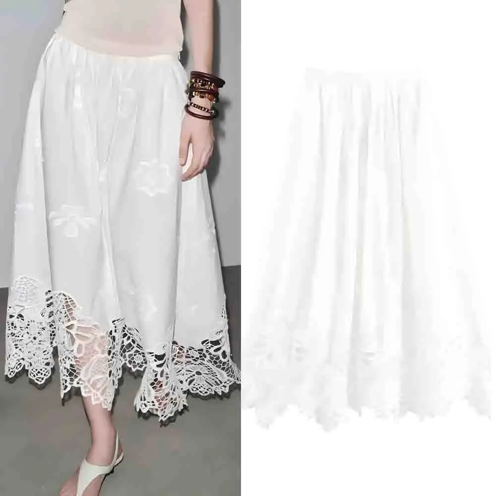 

Women's 2025 new fashion loose versatile hollow flower embroidery MIDI skirt retro high waisted zipper women's skirt