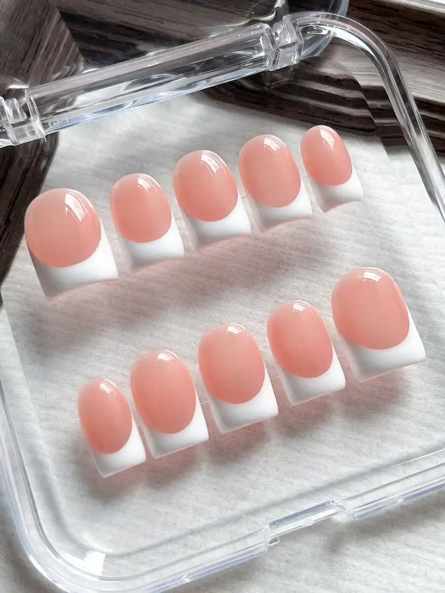 10pcs Square Handmade Acrylic Fake Nails Pink Base With White French Tips Glossy Finish For Women