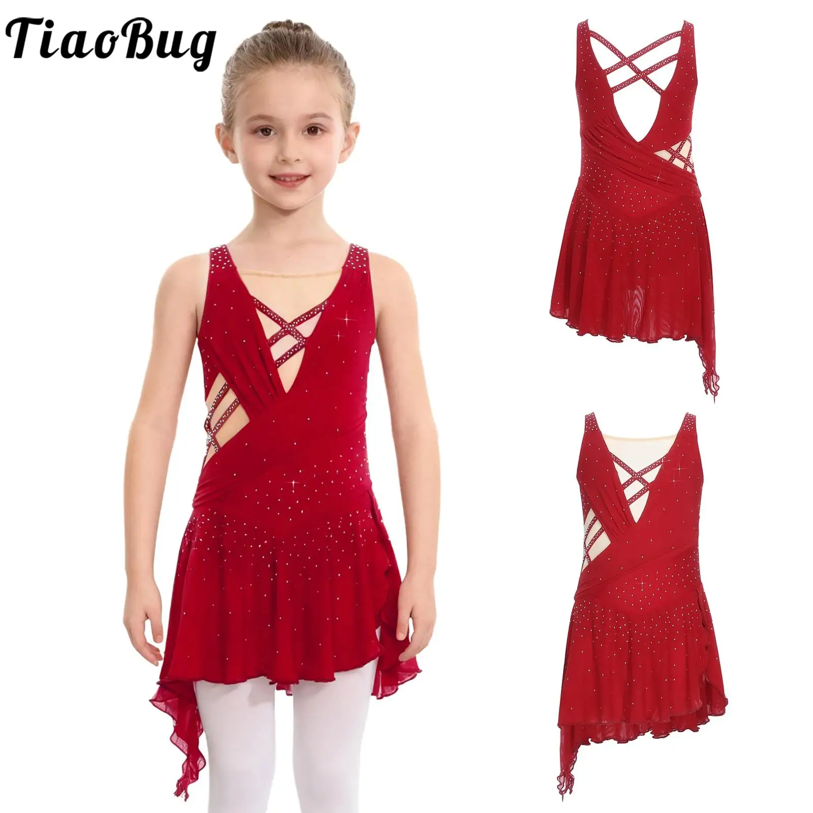 

Kids Girls Lyrical Figure Skating Dance Dress Sheer Mesh Patchwork Sleeveless Crisscross Back Asymmetrical Hem Dress Performance