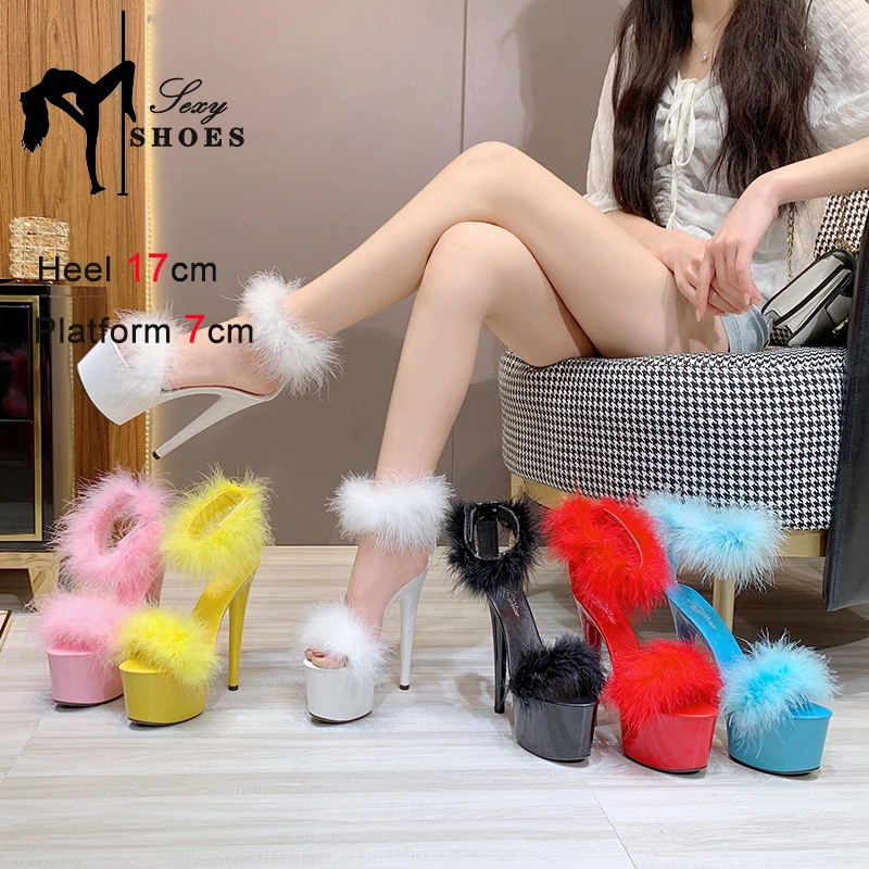 17CM Fur Womens Party Shoes Fashion 2023 Summer Sexy Exquisite Open Toe Ladies Shoes Female Stiletto Super High Heel Sandals