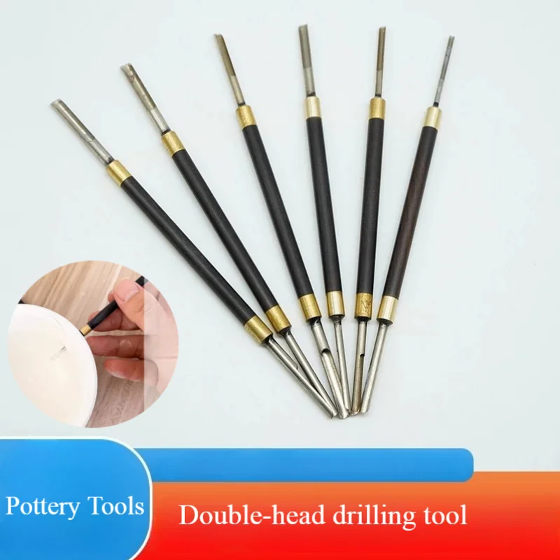 Ceramic Tool Double headed Drilling Tool/Wooden Handle Stainless Steel Head/Handmade DIY Mud Embryo Dril Tool for Teapot Making
