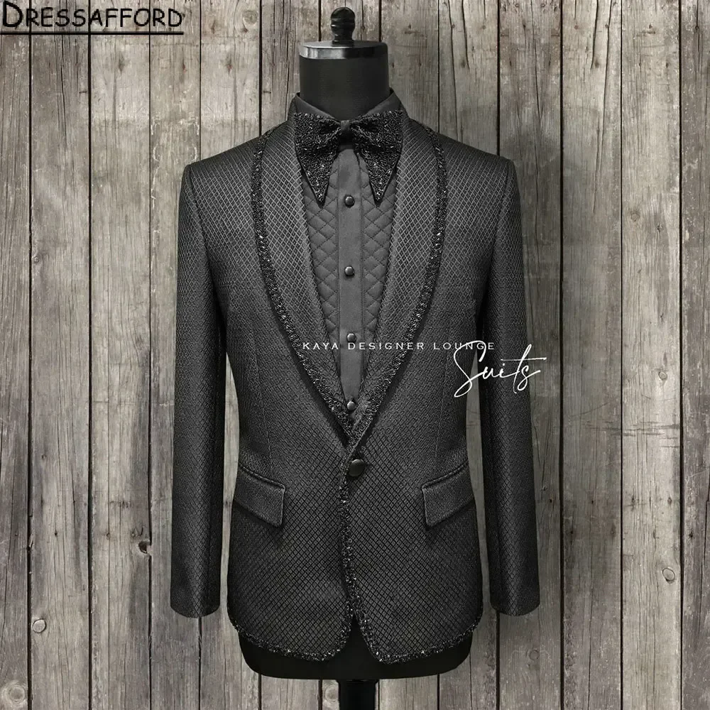 Black Lattice Men Suits Beading Crystal Groom Wedding Tuxedos 2 Pieces Sets Dinner Prom Blazers Terno Masculino Completo