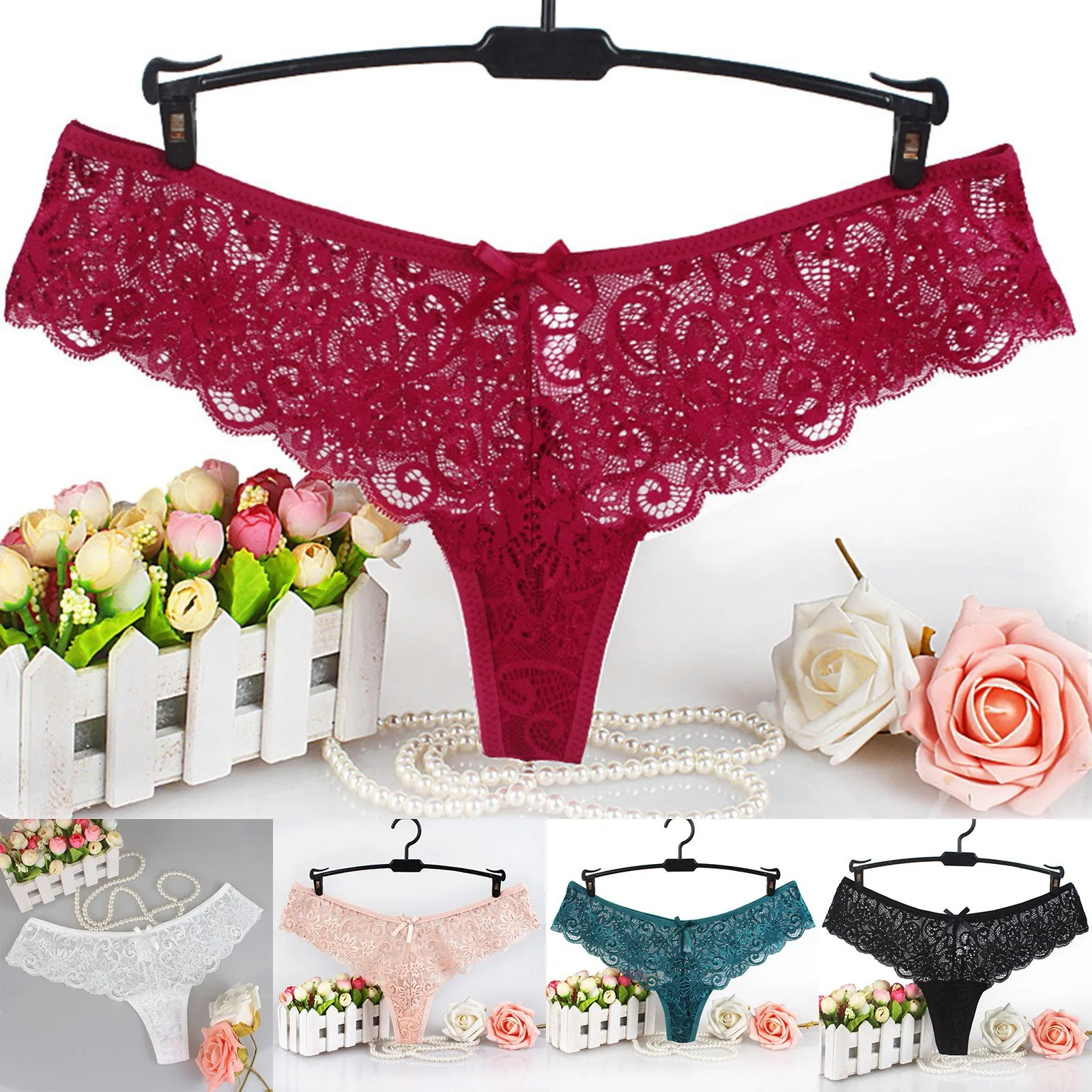 

Women's Sexy Low-Rise Intimates Panties Solid Color Lace Decor Thongs 1 Piece New Fashionable Breathable Briefs For Woman