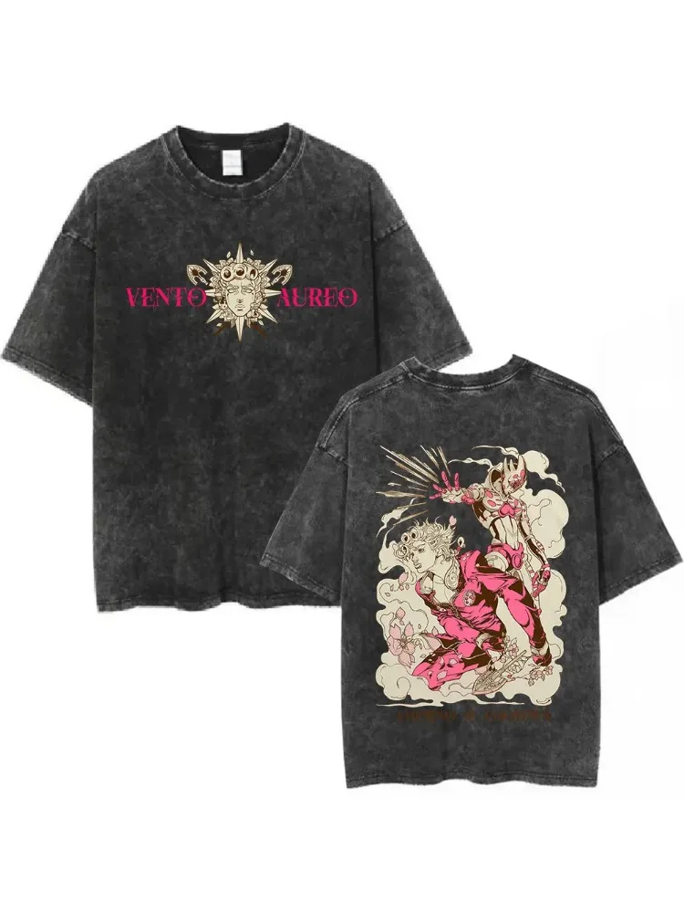 Vintage Washed Anime Jojo Bizarre Adventure T-Shirt Giorno Giovanna Manga Grafik T-Shirts Herrenbekleidung Baumwolle Casual T-Shirts