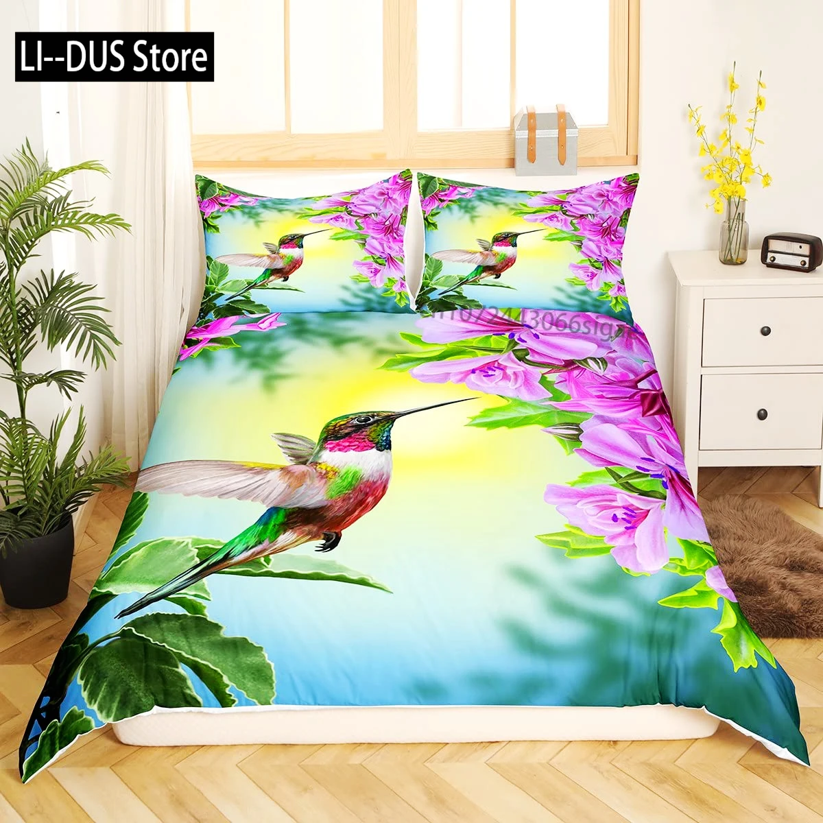 

Hummingbird Orchid Flowers Bouquet Print Bedding Set, Decorative Quilted 3 Piece Duvet Cover Set with 2 Pillow Shams, Full Size