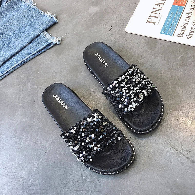 Fashion Slippers Women\'s Summer Platform Shoes New Flat Bottom Slip on Student Shoes Bling Mute Non-slip Slides Chaussons Plats