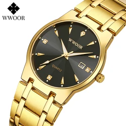 WWOOR-reloj de cuarzo dorado para hombre, cronógrafo de pulsera con fecha automática, deportivo, resistente al agua, Masculino