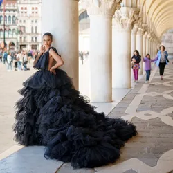 Amazing Black Fluffy Tiered Tulle Skirts With Train Big Volume Tutu Tulle Wedding Skirt Bridal Skirt Handmade Maxi Skirt