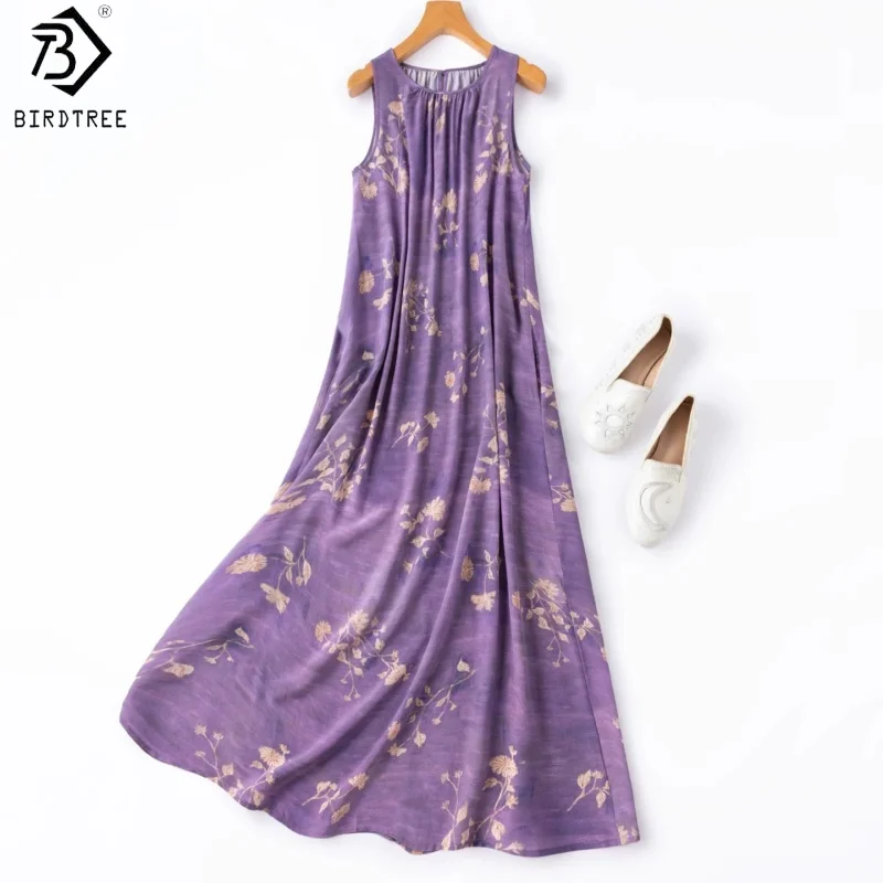 

BirdTree, 16MM 100% Real Silk Print Dress, Sleeveless O-neck, Women Double Crepe Vacation Vest Dresses, 2026 Summer New D65703JF