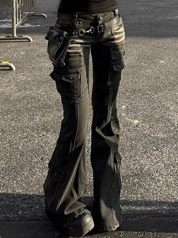 Women's Low Waist Cargo Jeans Black Washed 2000s Y2K Retro Distressed Whiskers Multi-Pocket Bootcut Micro Flare Pants Grunge New