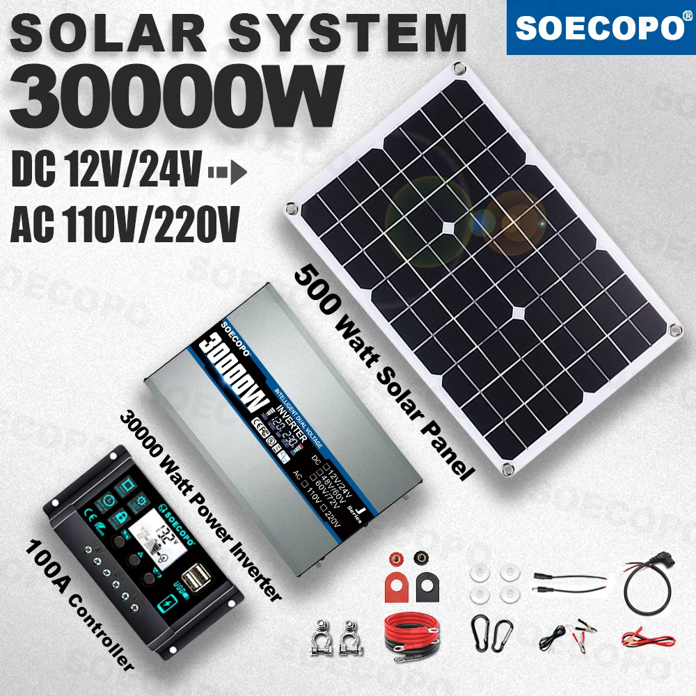 SOECOPO 30000W Peak Solar System Kit 500W Panel 100A Controller 12V24V To 110V 220V Inverter Generator for Home Charger Off Grid