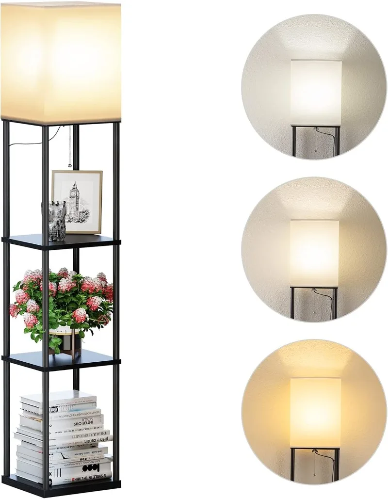 Floor Lamp with Shelves, Modern Square Standing Lamp with 3 Color Temperature Bulb, Corner Display Bookshelf Lamp