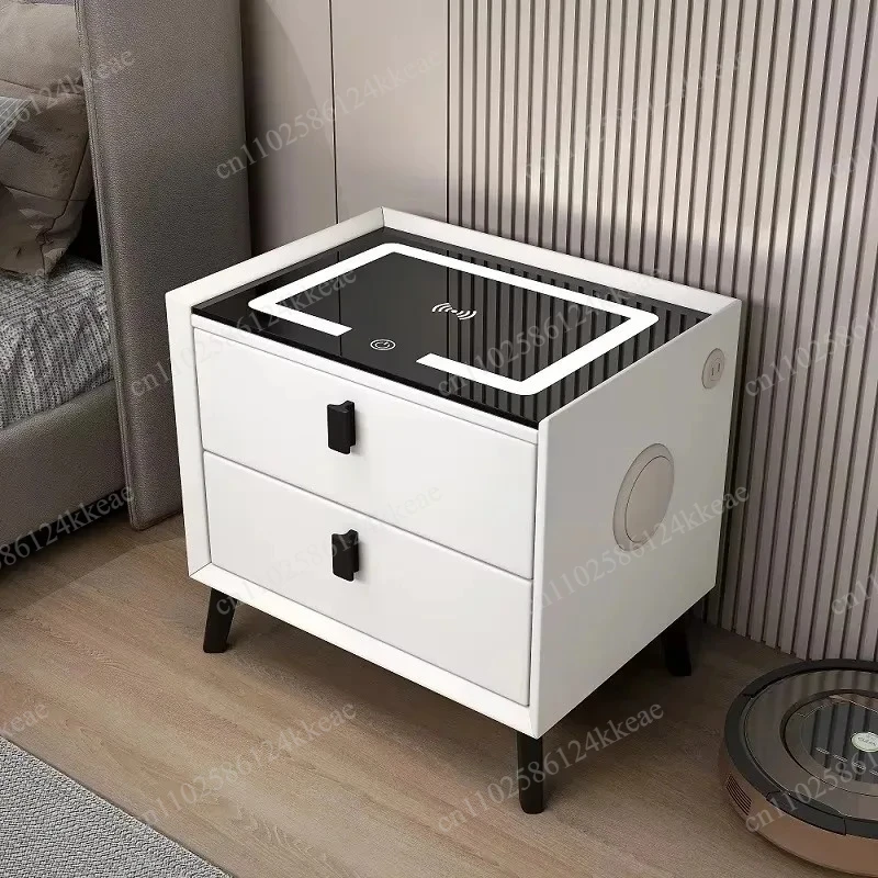 Modern Multifunctional Smart Bedside Table MDF Side Table LED Wireless Charging USB Charging Fingerprint Lock