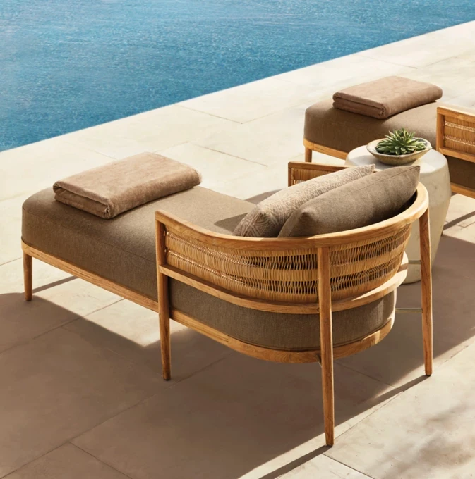 &High End Durable Outdoor Nusa Teak Chaise Garden Sun Lounger Waterproof Eco-Friendly Quick Dry Cushion Park Patio