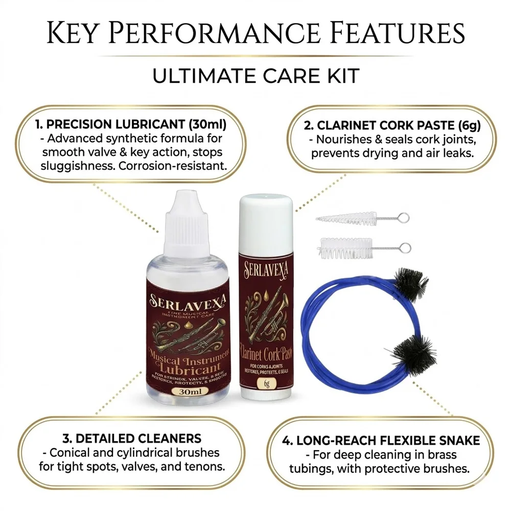 Musical Instrument Care Kit: Valve Oil, Clarinet Cork Grease, Cleaning Brushes & Snake for Trumpet, Sax, Brass & Woodwind