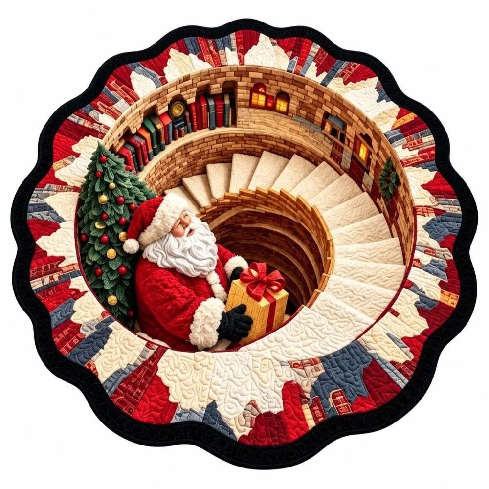 2D Flat Christmas Round Rug Polyester Bottomless Pit Vortex Floor Mat Vivid Printing Washable Fabric Optical Delusion Doormat