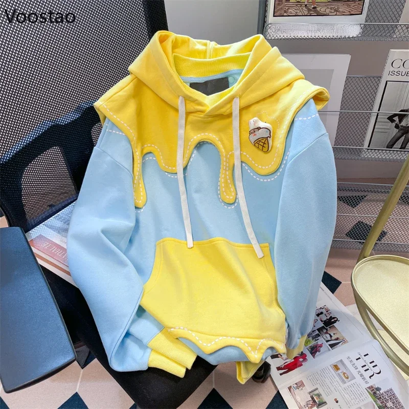 Japanese Y2k Cartoon Oversized Hoodies Tops Spring Autumn Women Casual Hooded Sweatshirt Couple's Harajuku Cute Pullover Coat