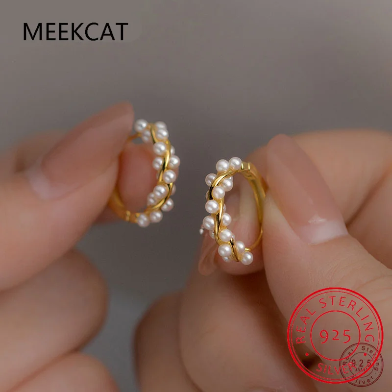 925 Sterling Silver Charm Twine Pearl Hoop Earrings Trendy Gold Color Ear buckle For Women Wedding Fine Jewelry Gifts M03195