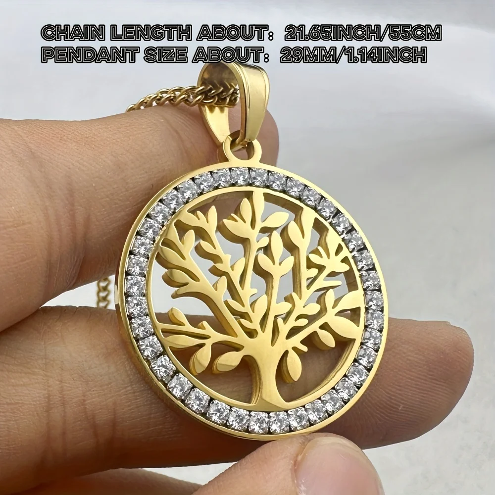 Tree of Life Hollow Round Pendant Necklace Outer Ring Inlaid Rhinestone316L Stainless Steel Gold‑Color Fashion Jewelry