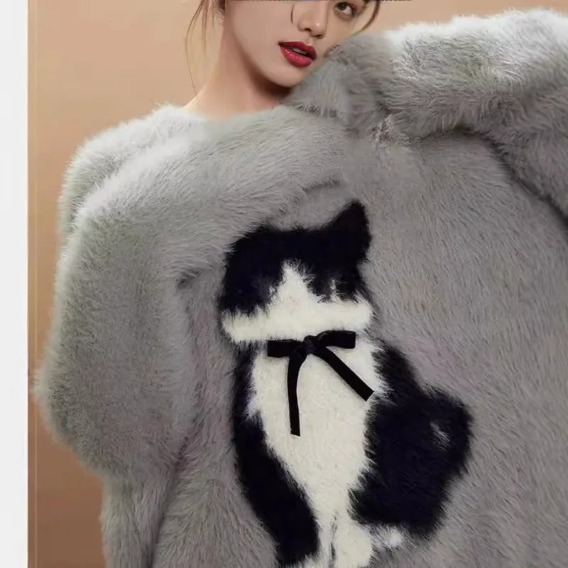 New Mink-like Round Neck Lazy Women's Autumn and Winter Sweater Loose Sweater Cat Shoulder Soft Waxy Top