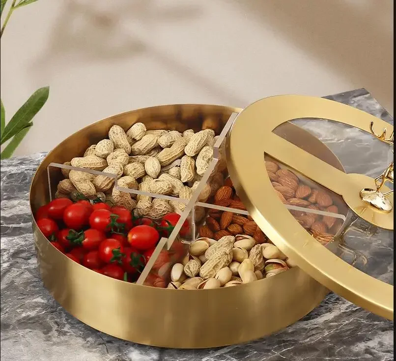 

Pure Copper Snack Platter Metal Fruit Plate with Lid Home Living Room Candy Dried Storage Box Decoration Wedding Gifts