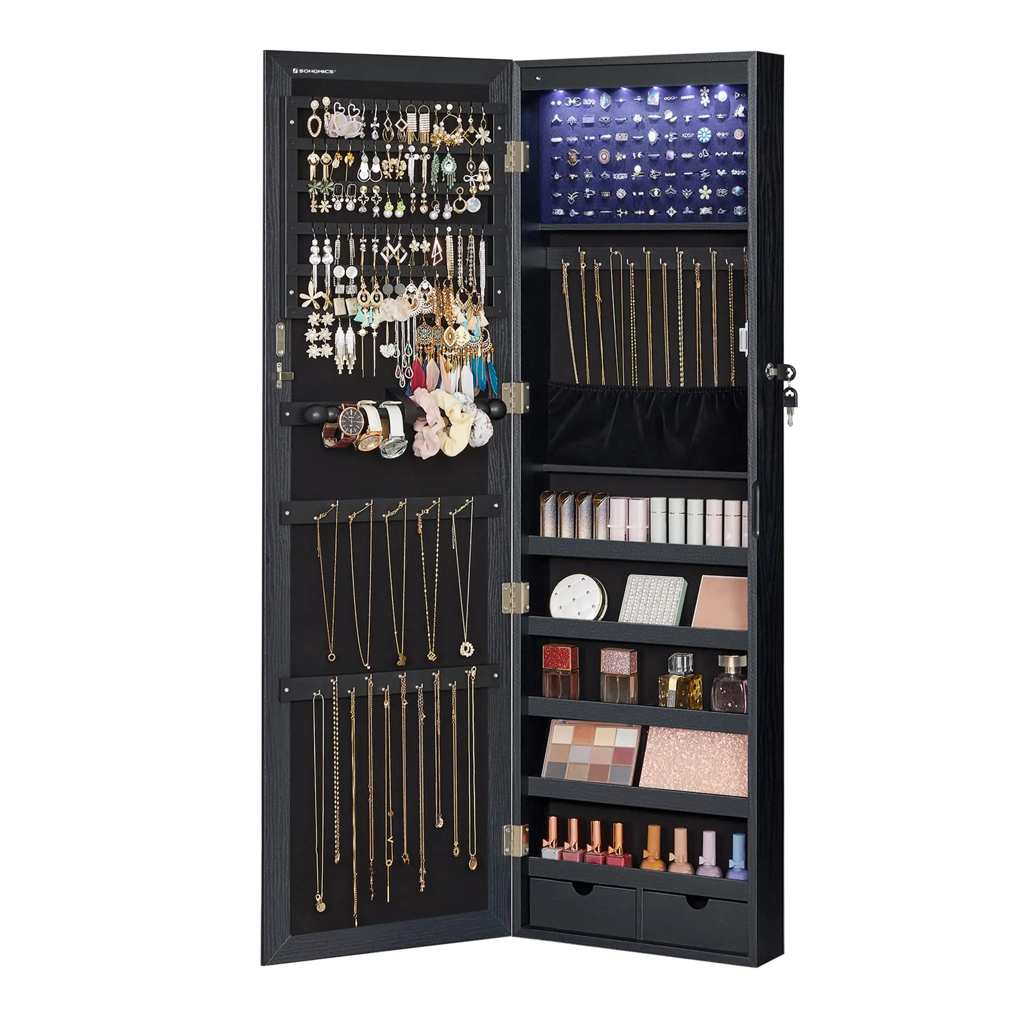 6 LEDs Mirror Jewelry Cabinet, 47.2-Inch Tall, Lockable