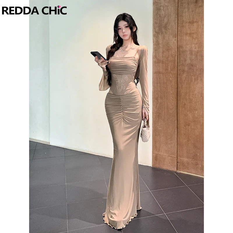 

ReddaChic Топ с гофрировкой, юбка с шалью, женский одинаковый комплект, кардиган с капюшоном, майка макси, длинная облегающая русалка, вечерние концертные наряды