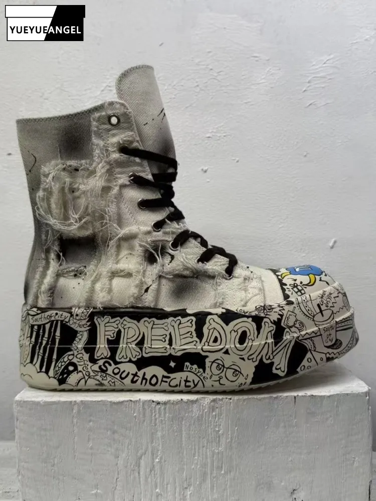 Mens Punk Style Designer Retro Lace-Up Shoes Fashion Graffiti Canvas High Top Shoes Males Leisure Sneakers Thick Sole Footwear