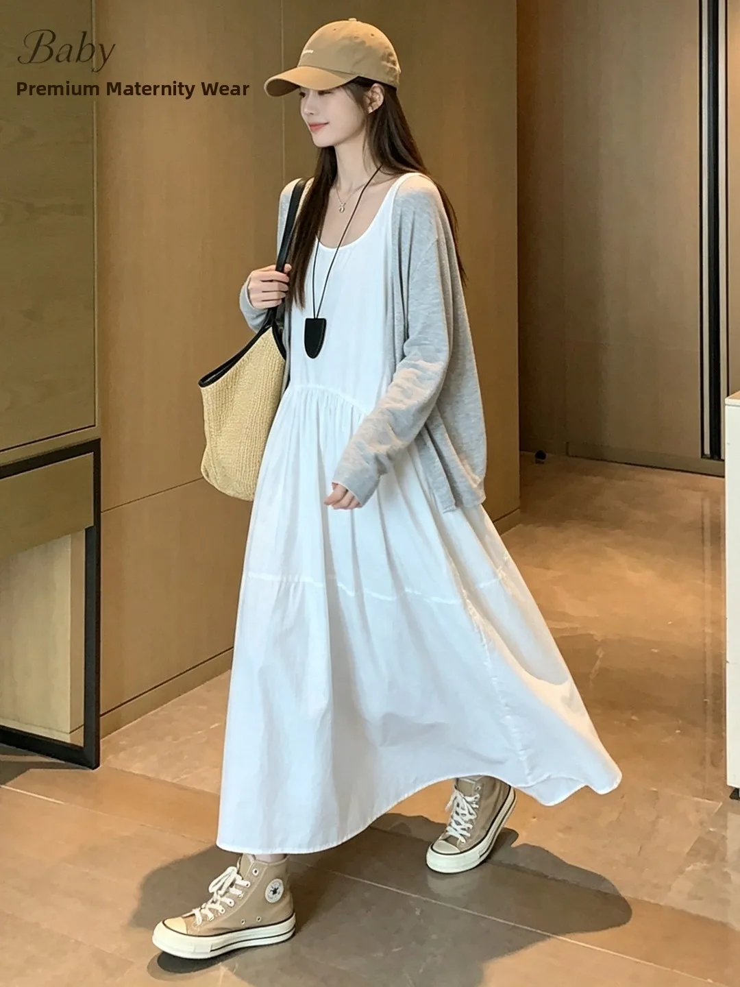 maternity-autumn-set-2026-new-korean-style-grey-open-cardigan-spring-summer-lazy-not-pregnant-a-line-vest-skirt-two-piece-set